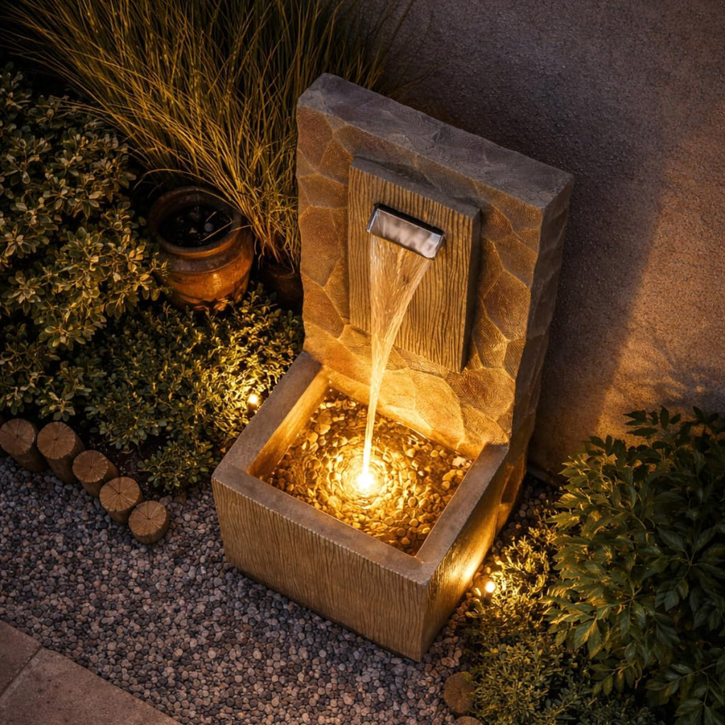 Spa Waterfall Outdoor Water Fountain - LED Light with Adjustable Flow & Electric Pump, Brown