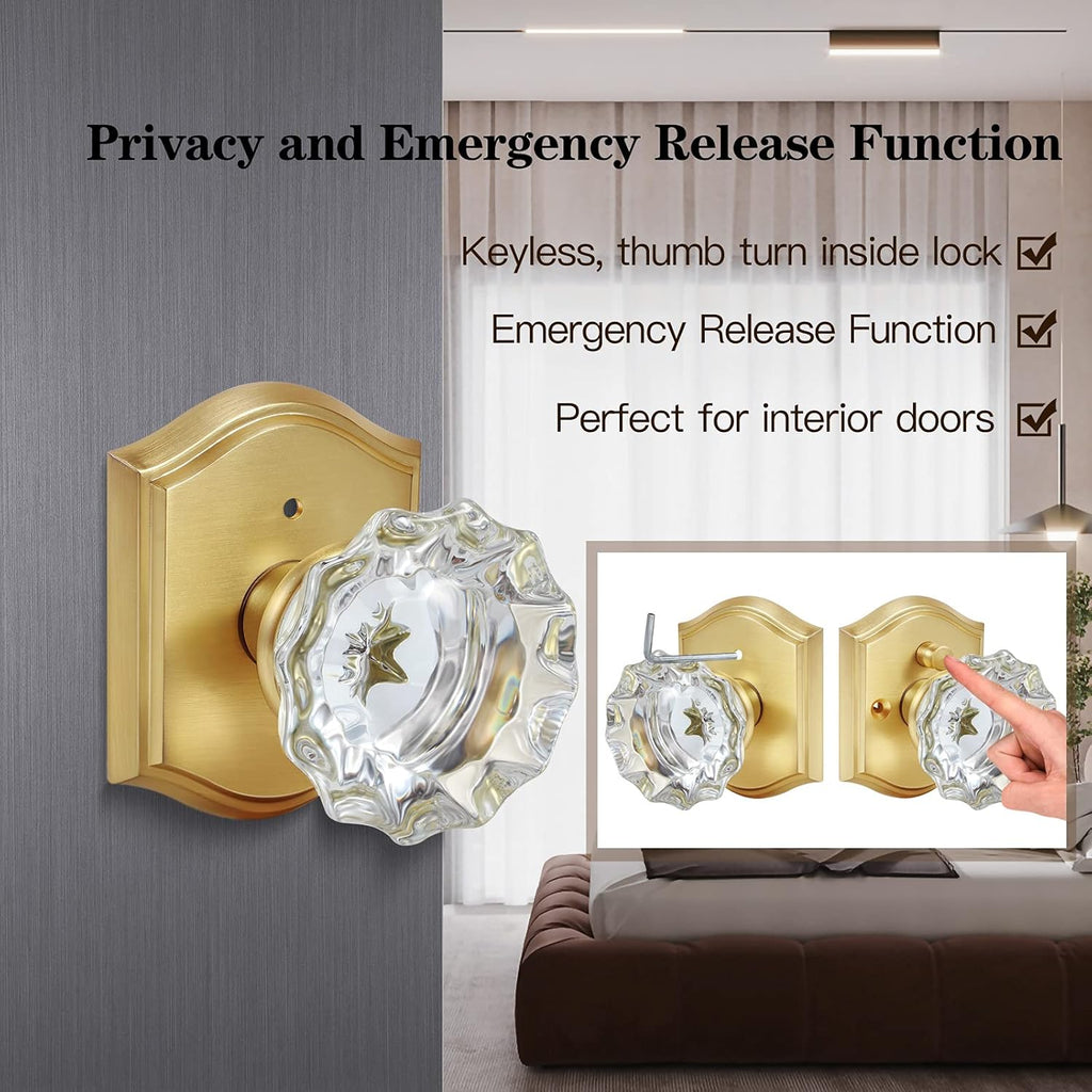 Premium Glass Door Knobs, Bathroom Bedroom Door Knobs with Lock, Privacy Gold Door Knob Interior, Satin Brass