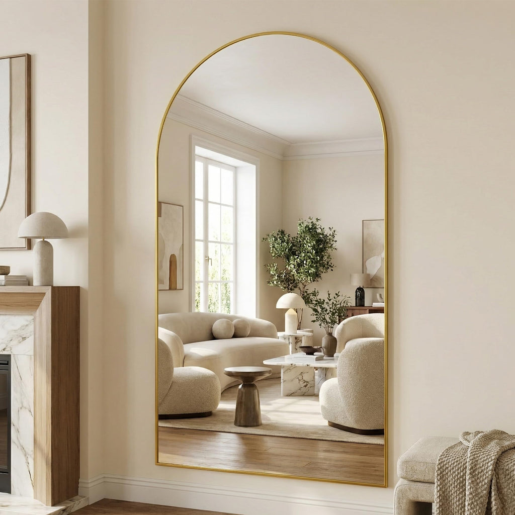 76"x44" Arched Full Length Mirror with Stand, Full Body Mirror with Aluminum Frame