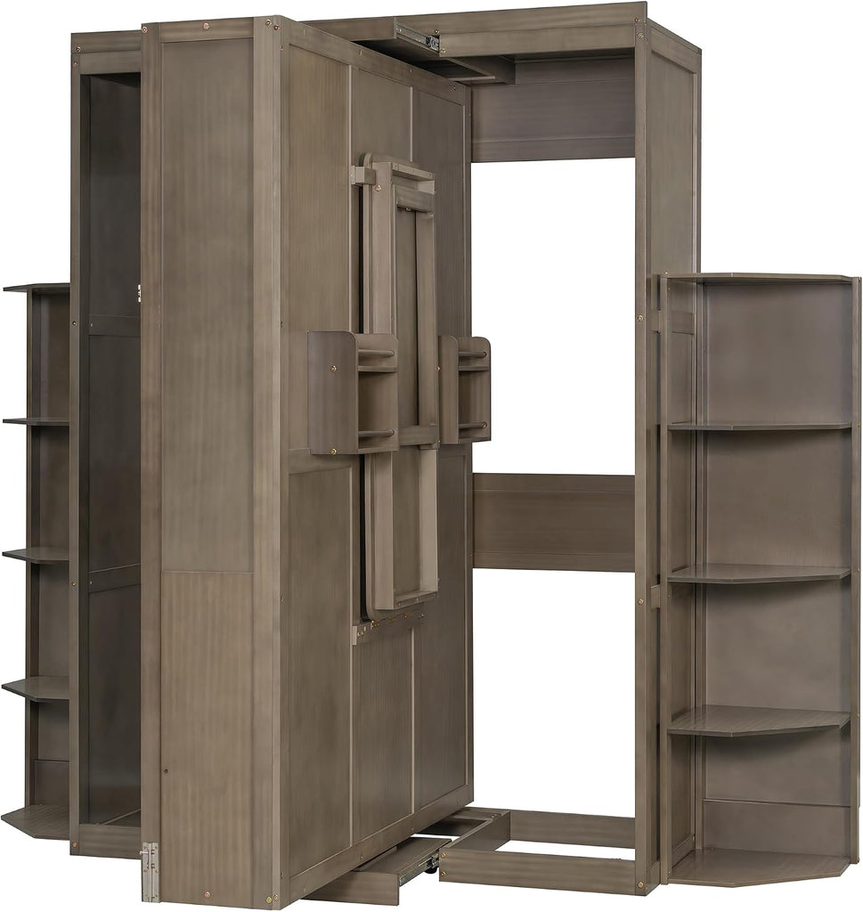 Murphy Bed Queen Hideaway Wall Chest with Cabinet,Dual 3-Tier Side Shelves,Convertible Desk,Space-Saving