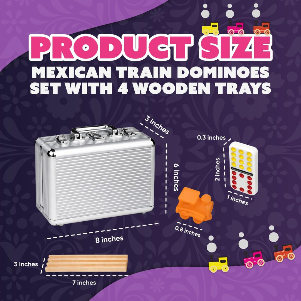 Mexican Train Dominoes Set with 4 Wooden Trays - 91 Double 12 Color Dot Dominoes, Aluminum Storage Case, 9 Train
