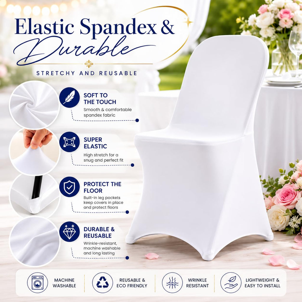 100 Pack White Spandex Folding Chair Covers, Stretch Polyester Slipcovers for Wedding, Party & Dining Chairs - Flat