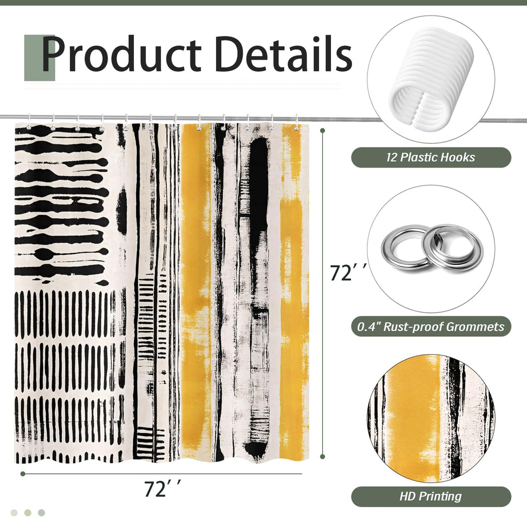 Abstract Boho Shower Curtain, Mid Century Modern Black And Beige Geometric Stripes Shower Curtains Set, Minimalist