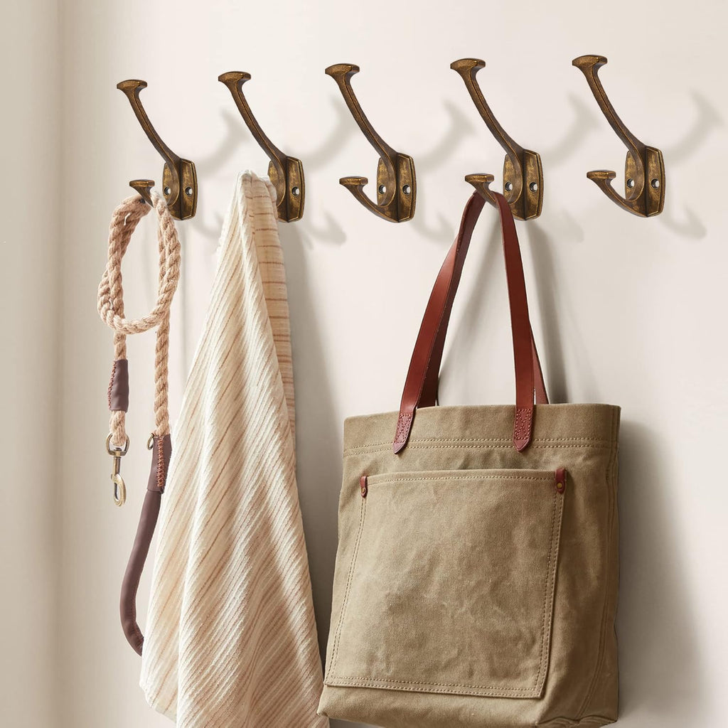 5 Pack Antique Brass Hooks Decorative Heavy Duty Solid Large Coat Hooks for Towel Hanging Coats Robe Wall Mounted