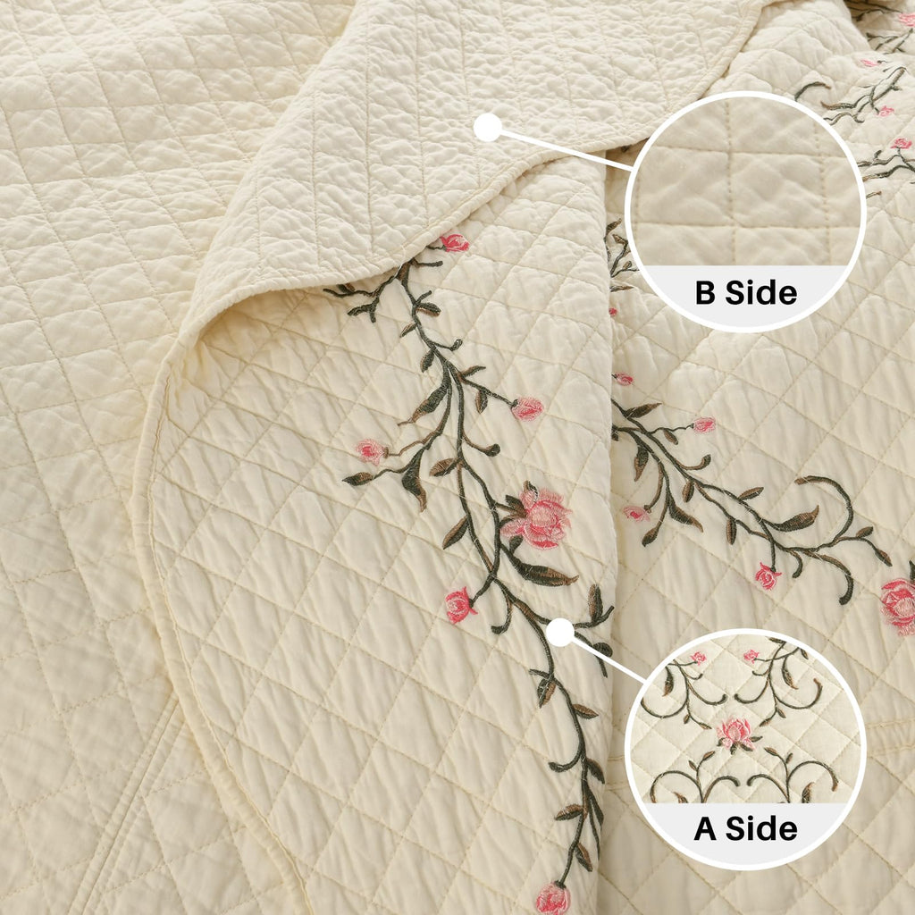 Embroidered Oversized Bedspread 100% Cotton Reversible Quilt