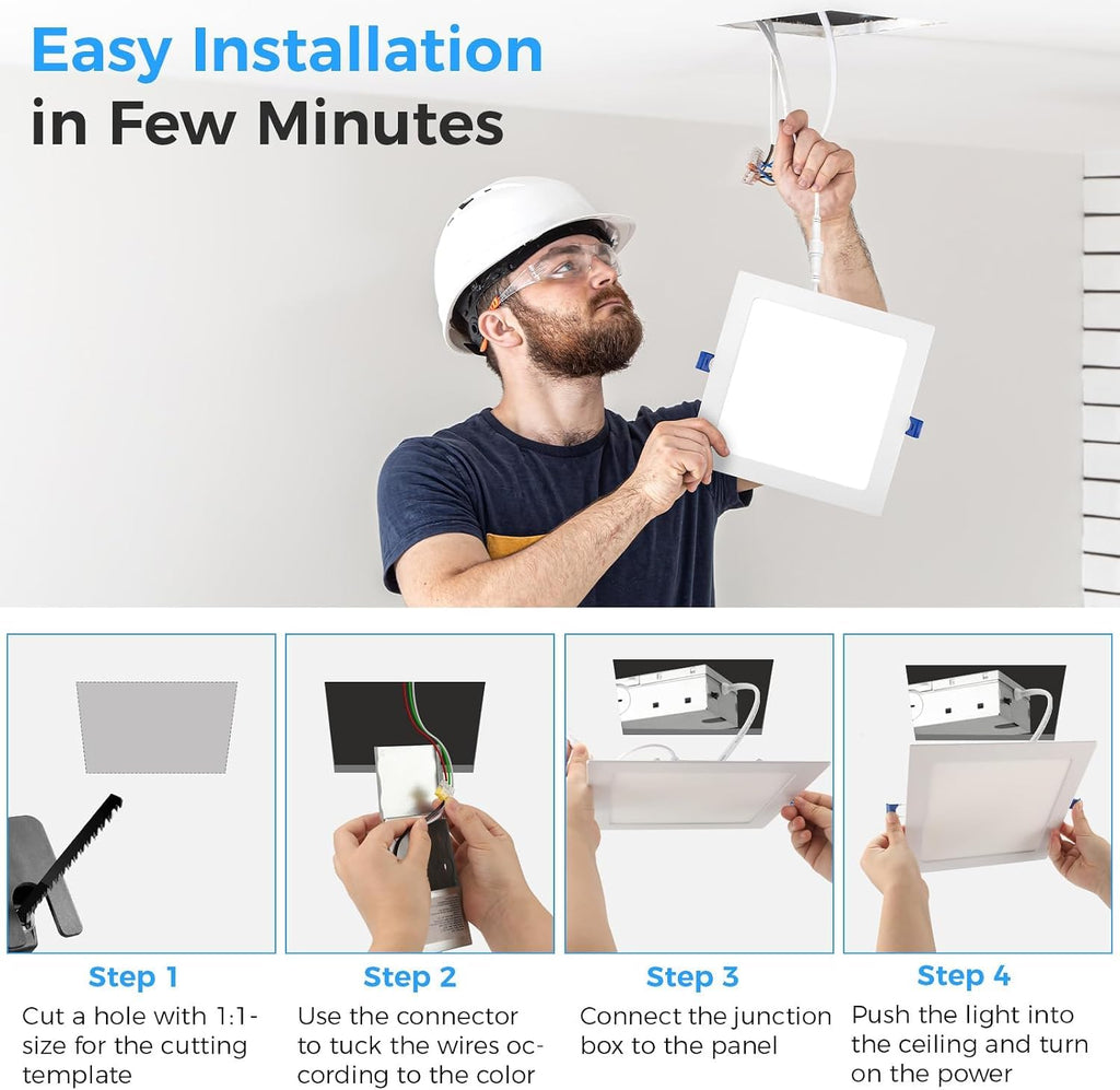 6 Pack 4 Inch Square LED Recessed Lighting, 5CCT, 12W, Dimmable