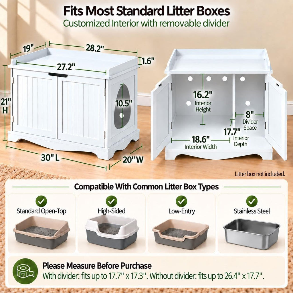 Hidden Cat Litter Box Enclosure Furniture, White Side Table
