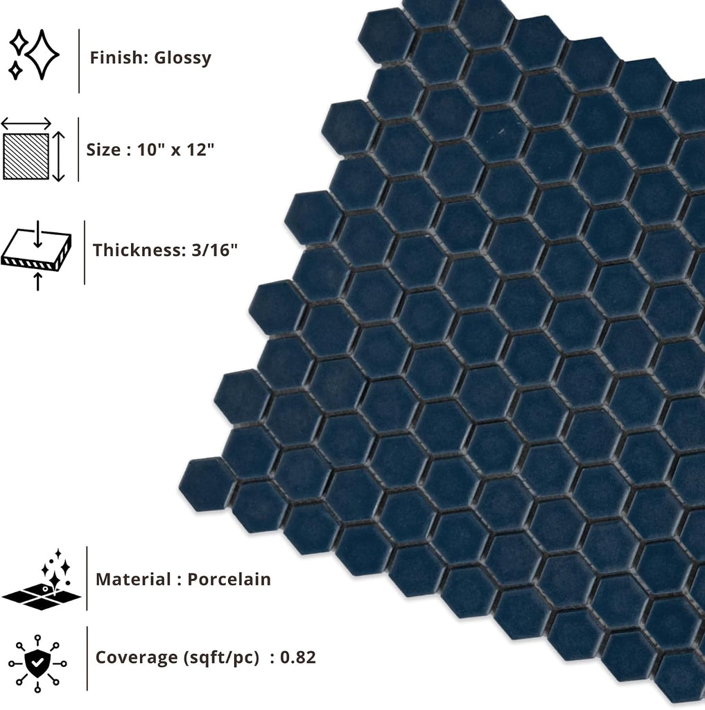 1" Hexagon Porcelain Mosaic Tile Matte Finish Navy Blue Color Wall and Floor Tile , Shower, and Backsplash (5 Sheets)