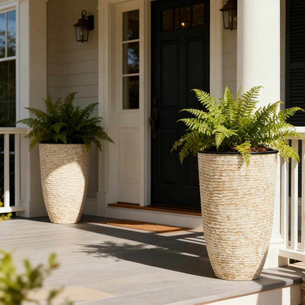 21" H Beige Tall Planters set of 2 with Inside Pots - 14'' Dia Large Round Plant Tree Pots with Drain Hole