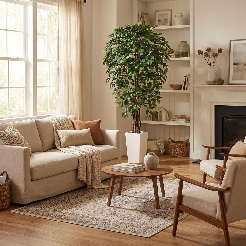 6ft Artificial Ficus Tree Decor with White Pot, 6 Feet Faux Plant Fake Silk Trees Outdoor House Living Room Office