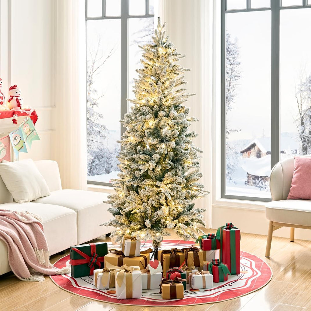 Snow Flocked Pencil Christmas Tree with Lights,Pre-Lit Artificial Xmas Tree ,Party,Holiday Decoration w/400 Warm