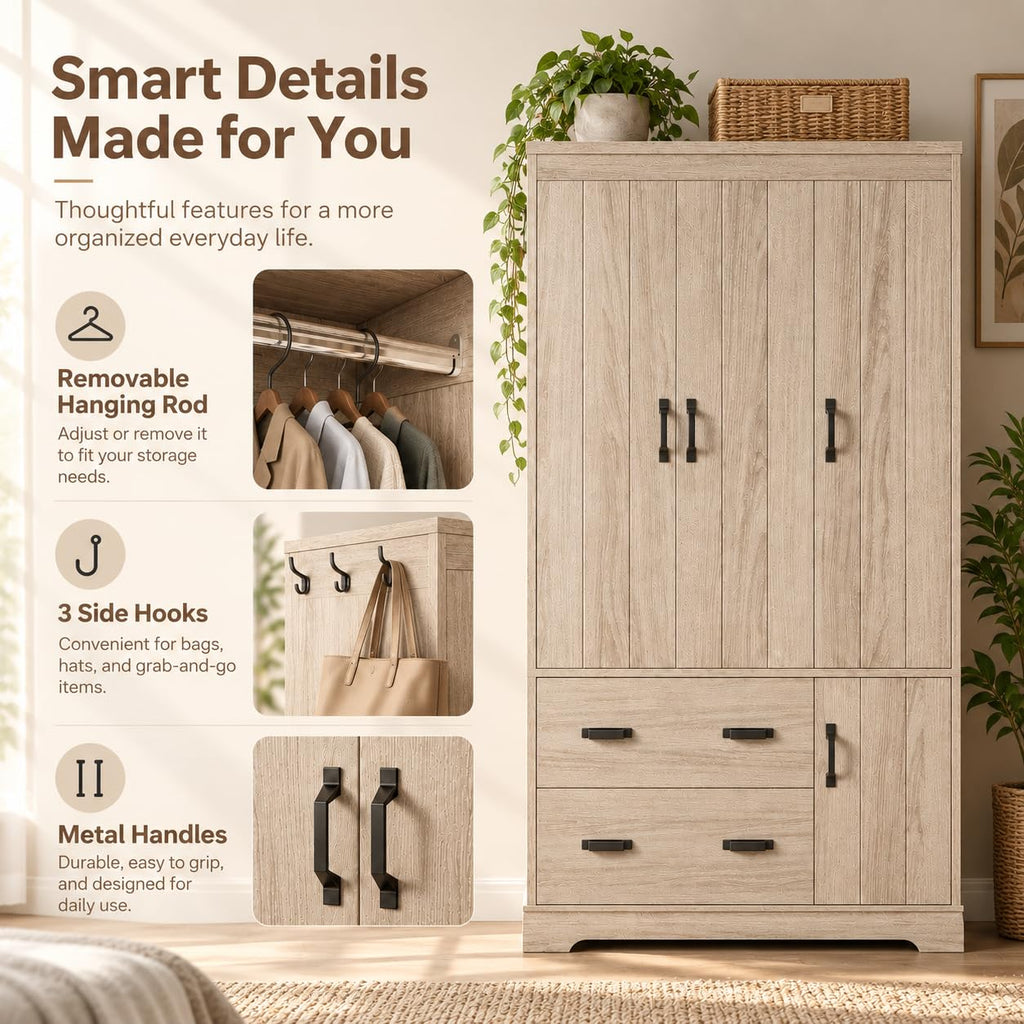 70" Freestanding Wardrobe Closet (Natural Oak)