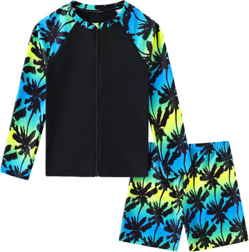 Boys Two Piece Swim Set Rash Guard Long Sleeve Swimsuits Kids UPF 50+ Bathing Suit