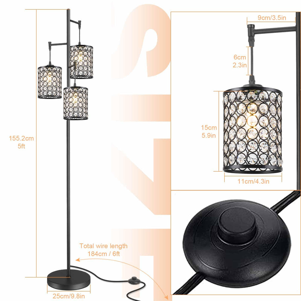Modern 3-Light Tree Floor Lamp Crystal Standing Lamp, Black
