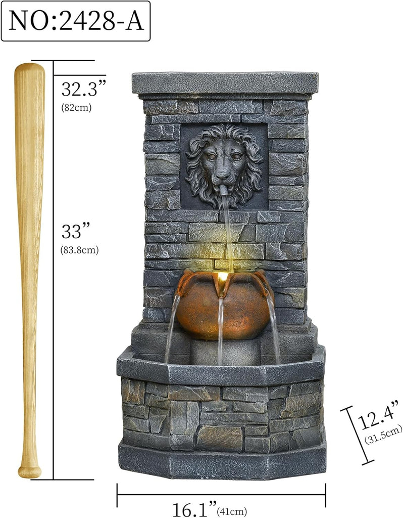 32'' Outdoor Water Fountain, Lion Head Floor-Standing Stone Waterfall Fountain with LED Lights