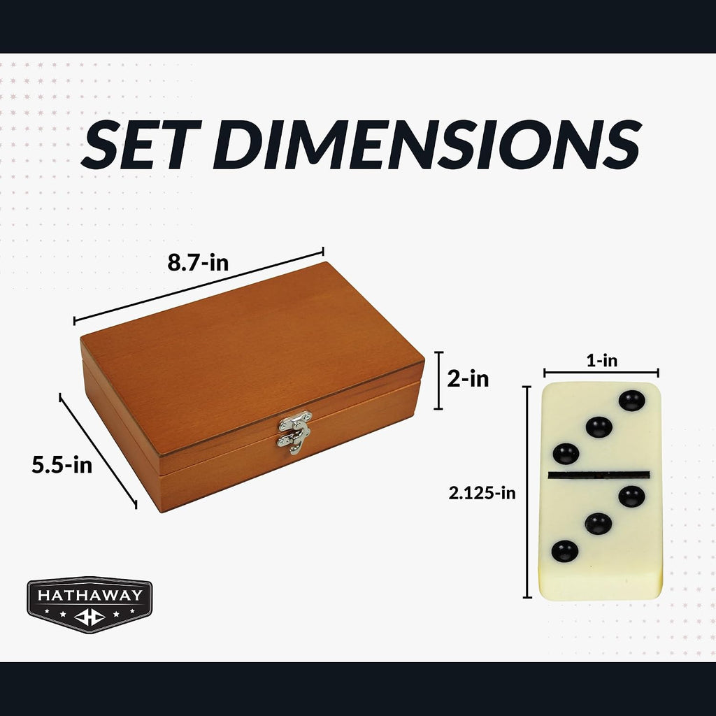 Premium Dominos Set - with Wooden Carry Case, 28 Double-Six Ivory Dominoes with Black Pips, Felt-Lined Walnut Case &