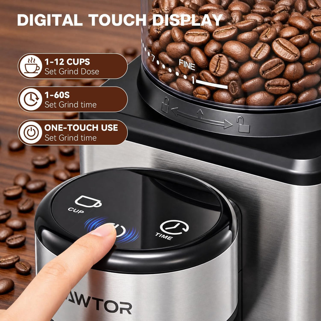 Electric Coffee Grinder, Conical Burr Coffee Grinder with 25 Settings & 60-Second Timer, Stainless Steel