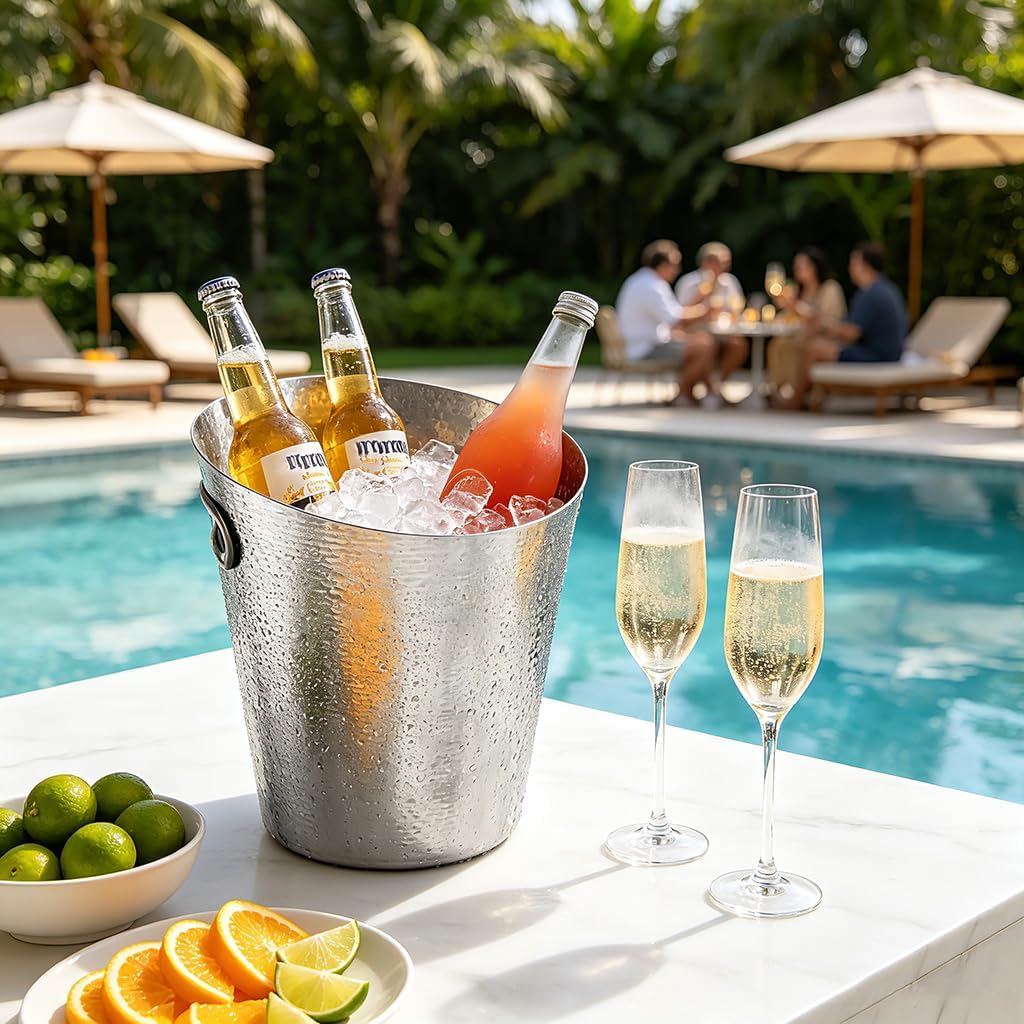 Stainless Steel Champagne Bucket - Stainless-Steel Beverage Tub - Diagonal Ice Bucket with Handle for Cocktail Bar
