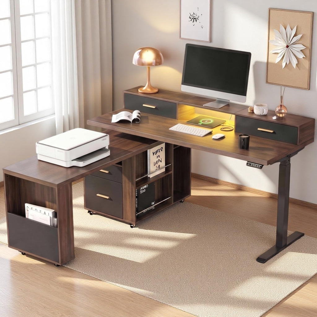 61'' L Shaped Electric Standing Desk, 360° Rotating, 4 Drawers | Height Adjustable Desk with LED Light, Monitor Riser