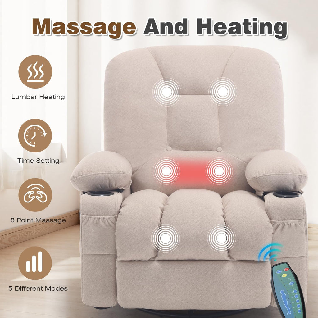 Rocking Recliner Chair with Massage Heat, Beige | Overstuffed Rocker Swivel Glider Sofa, Manul, Fabric, Living Room