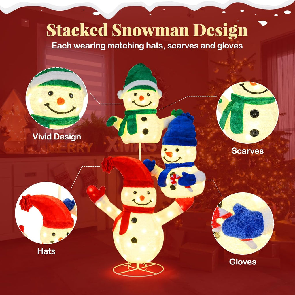 5 FT Christmas Lighted 3 Stacked Snowman, 3D Xmas Light-up Snowman