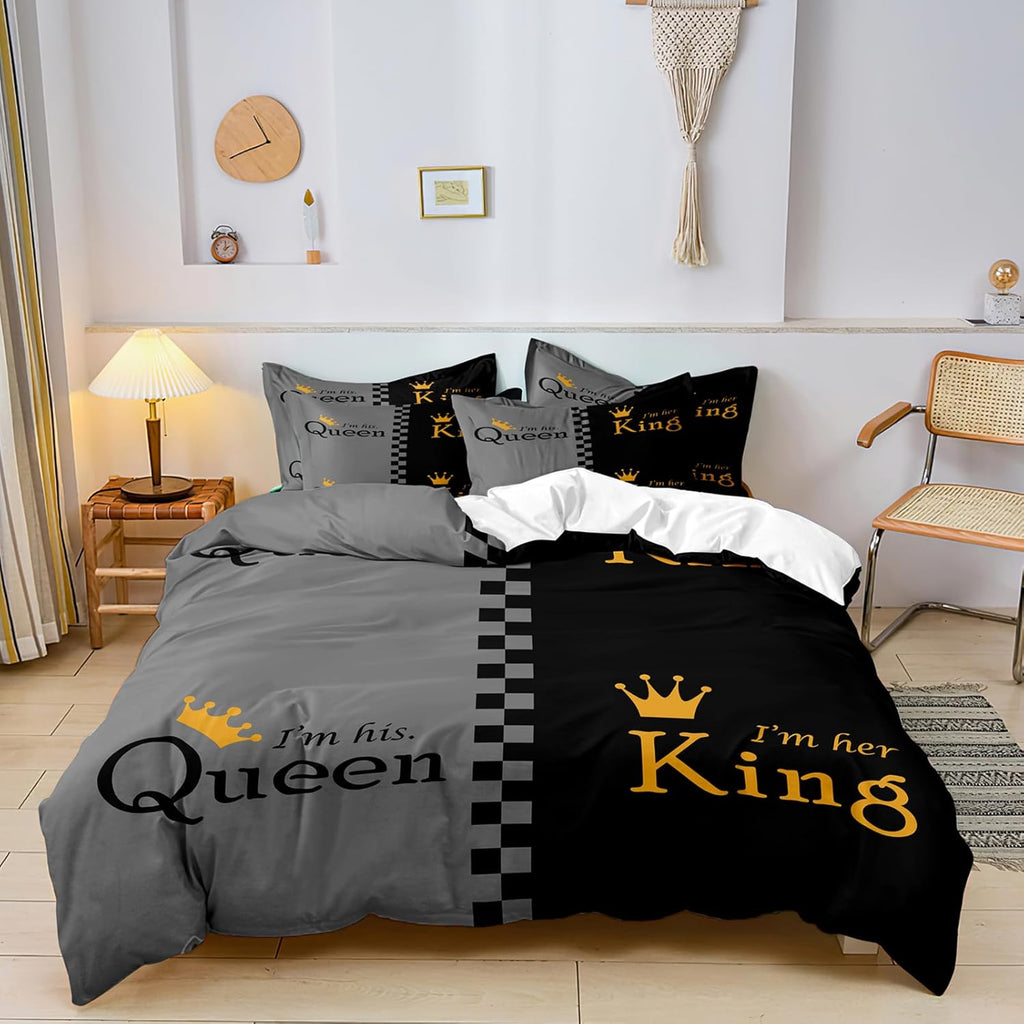 Lover Duvet Cover Set - Queen, Advanced Gray & Black Couple Bedding 3D Digital Printed Duvet Cover King and Queen