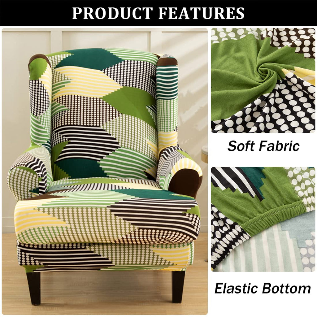 Wing Chair Slipcovers, 2 Piece Print Wingback Chair Cover Stretch Spandex Armchair Covers with Elastic Bottom Bedroom
