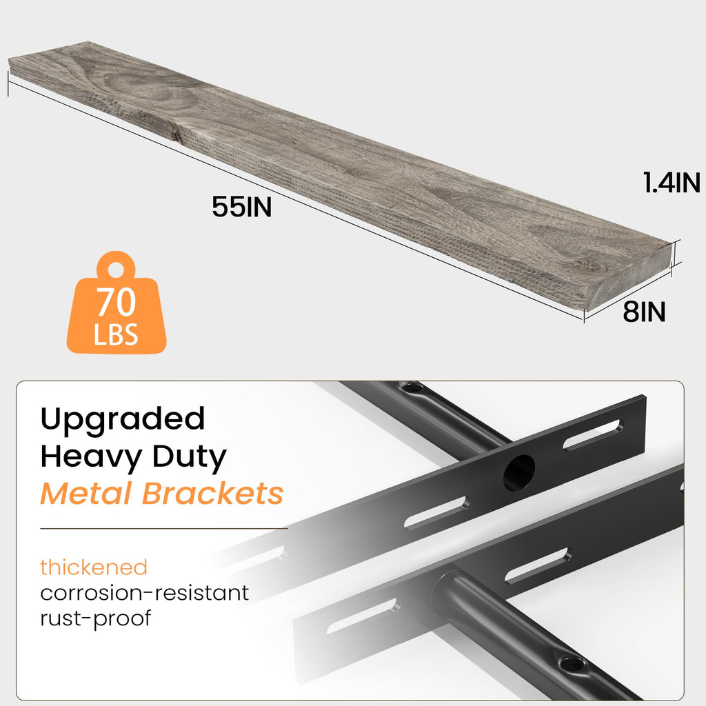 55 Inch Reclaimed Wood Floating Shelves for Wall, 8 Inch Deep Extra Long Rustic Farmhouse Shelf with Invisible