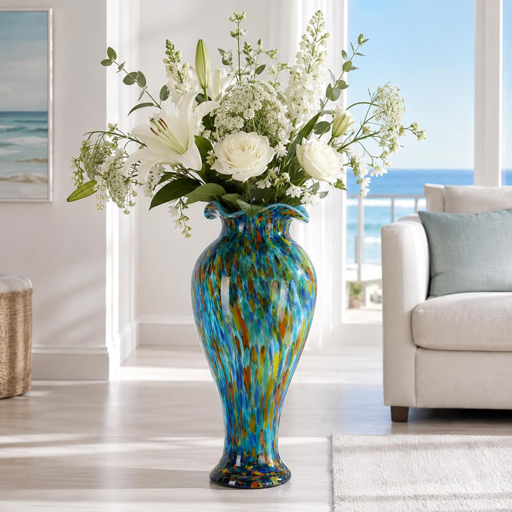 20" Tall Hand Blown Glass Vase - Pretty Ruffle Wide Mouth Decorative Flower Vase, for Modern Home Decor, Ideal