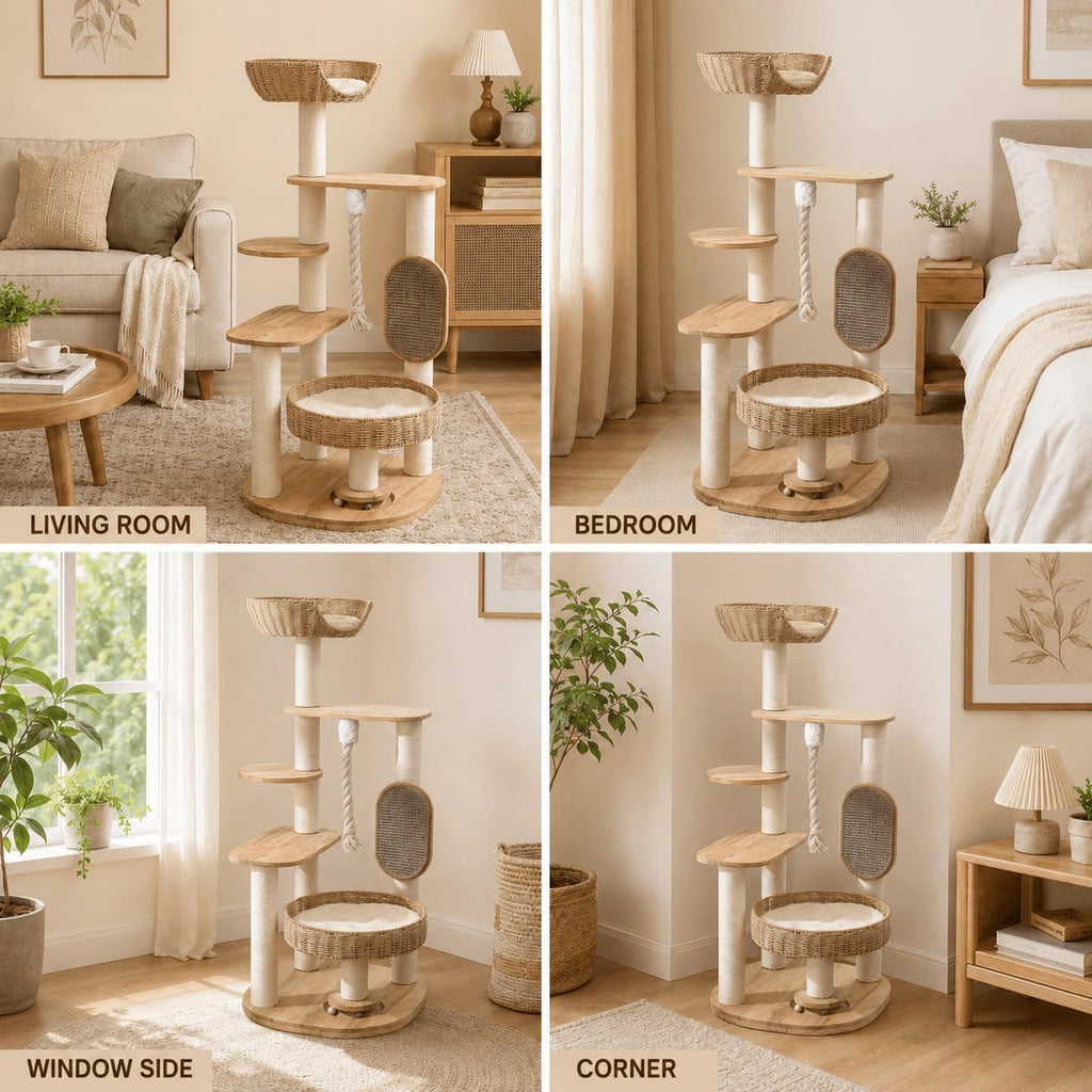 Solid Wood Cat Tree for Large Cats, Modern Tall Cat Tower(49.6In)