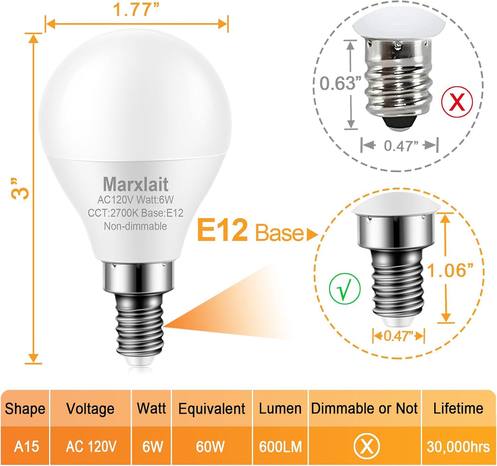 A15 E12 LED Ceiling Fan Light Bulbs, 60W Equiv., Warm White 2700K