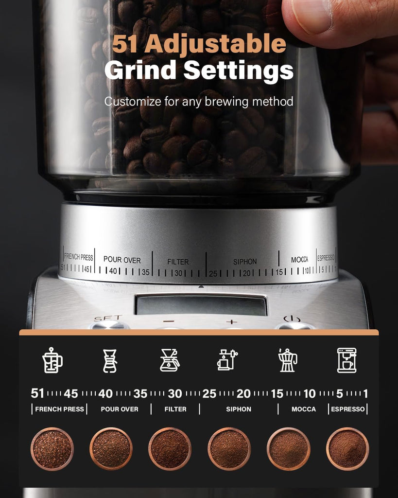 Conical Burr Coffee Grinder Electric, Espresso Grinder Use, Burr Mill with 51 Grind Settings, Precision Electronic