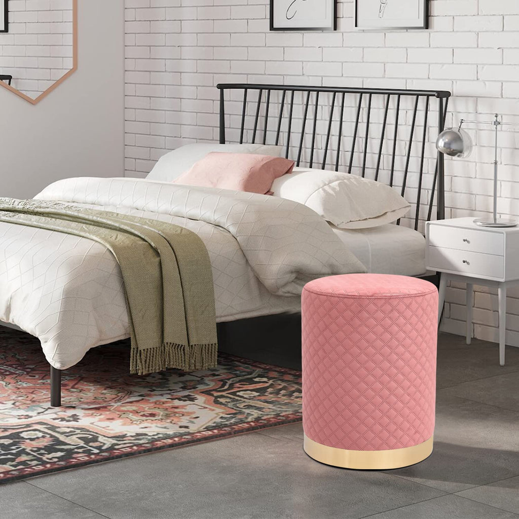 Round Upholstered Velvet Ottoman with Gold Metal Base, Makeup Vanity Chair Soft Compact Padded Foot Rest Stool