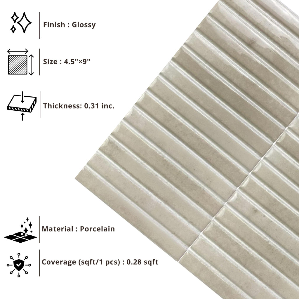 Scandia Glossy Ivory 4.5x9 Ribbed Porcelain Wall Tile, 3D KitKat Fluted Decorative Tile Backsplash, Bathroom, Shower