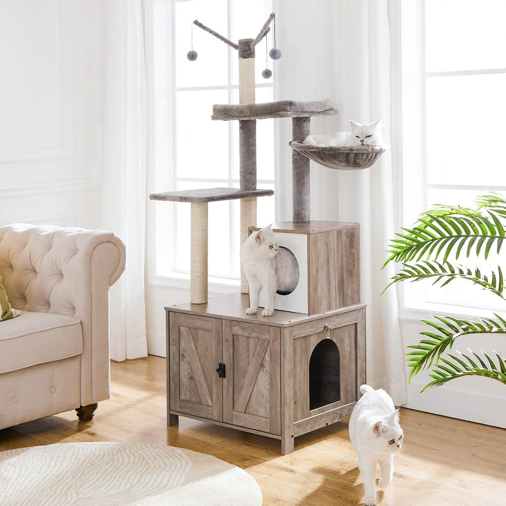 Cat Tree Tower with Litter Box Enclosure Indoor, Wooden Cat Condo with Scratching Posts, Litter Box Furniture Hidden