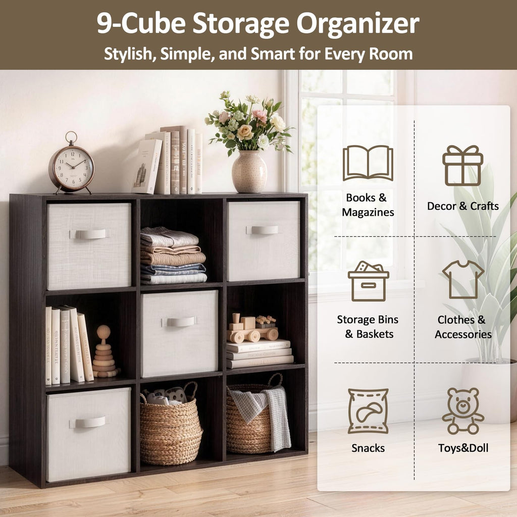 9 Cube Storage Organizer, Stackable Wood Cubby Bookshelf Espresso