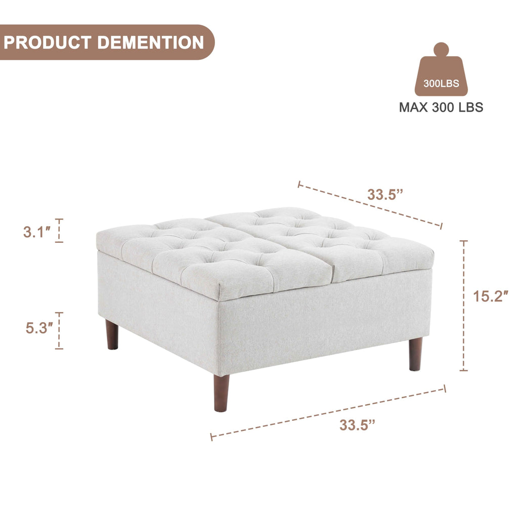 35" Large Storage Ottoman Coffee Table, Square Ottoman, Light Grey