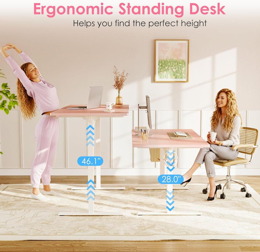 48" Pink Electric Standing Desk Height Adjustable | 3 Memory Presets, Rear Cable Notch, Dual Side Hooks, Stand Up