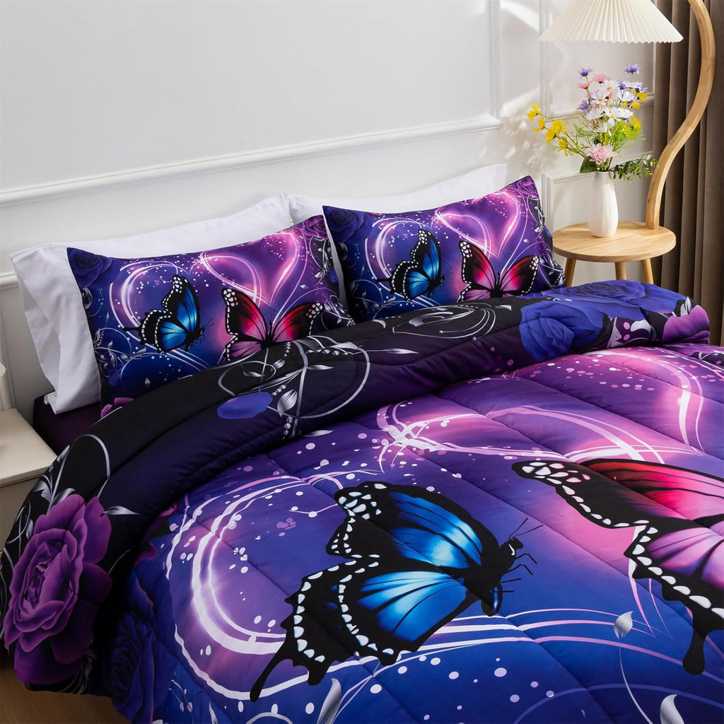 Galaxy 6pcs Bed in A Bag and Blue Dreamy 3D Butterfly Printed, Butterflies Bedding Twin Comforter Set, for Girls Kids