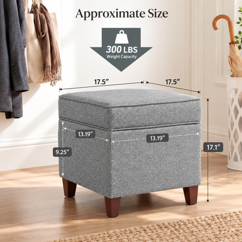 Linen Storage Ottoman with Wooden Legs, 17" Square Upholstered Flip-Top Footrest Stool, Extra Seat or Coffee Table