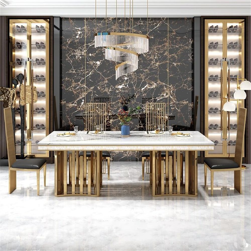 Luxury Style Marble Dining Table Modern Rectangle Kitchen Dining Room Table Gold Metal Pedestal Table-Table