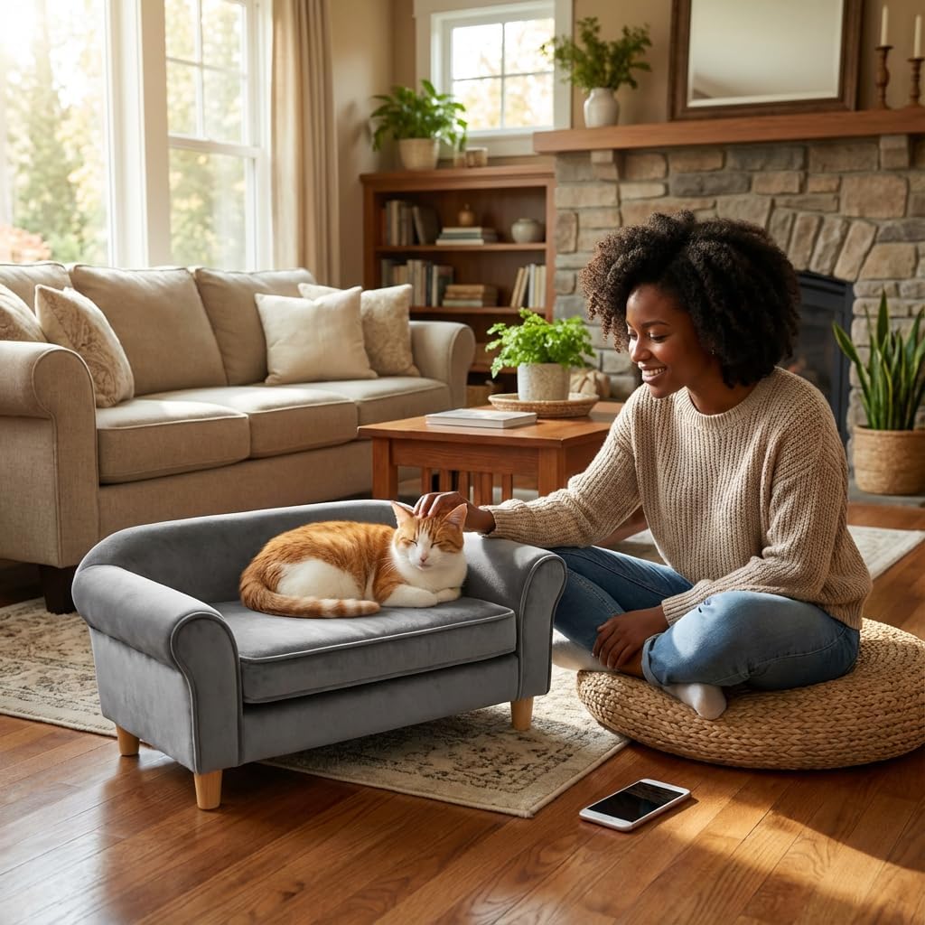 Pet Sofa Bed for Small Dogs and Cats with Backrest and Armrest 28.7" Modern Velvet Pet Couch Comfort Elevated Dog