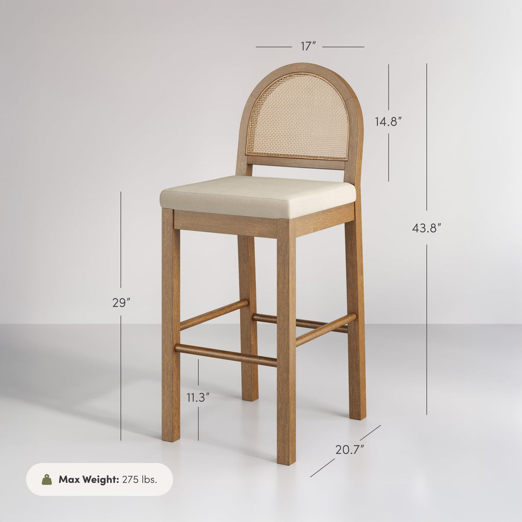 Bailey 29 in. Boucle Bar Stool with Back, Bar Height Chair with Natural Woven Rattan Back and Solid Wood Legs, Light