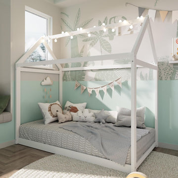 House Bed Frame with LED Lights, Solid Wood Montessori Floor Bed, Low Platform Kids Play House Bed for Boys