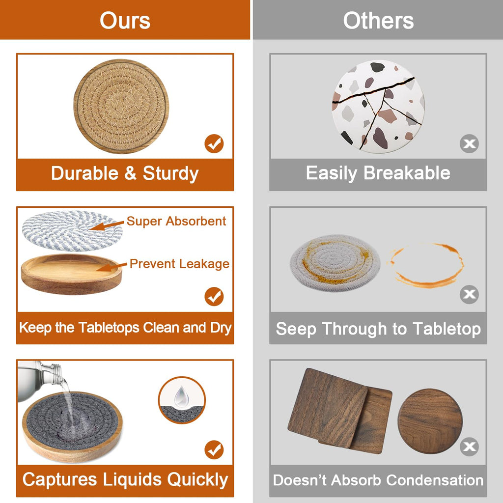 Coasters for Drinks Absorbent Sets of 8, Woven Coasters with Holder, Wood Coasters for Coffee Table, Housewarming