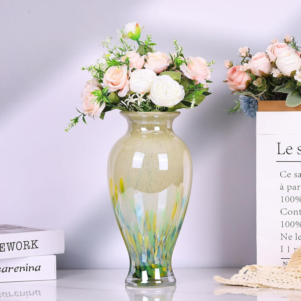 Hand Blown Glass Vase 11.8" Tall Beautiful Green Sea Wide Mouth Bud Vase for Table Centerpiece, Painted Colorful