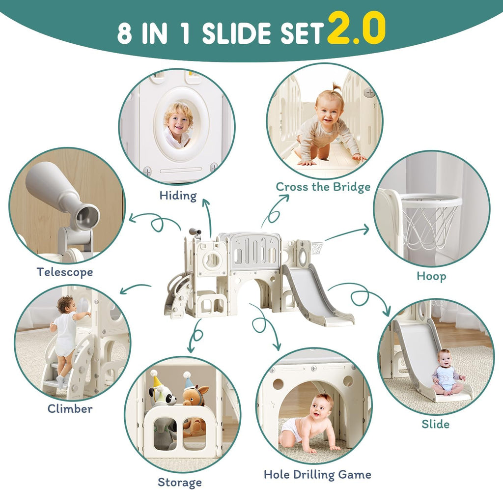8 in 1 Toddler Slide Set, Kids Slide for Toddlers, Toddler Climber Slide PlaySet with Basketball Hoop,Outdoor Indoor