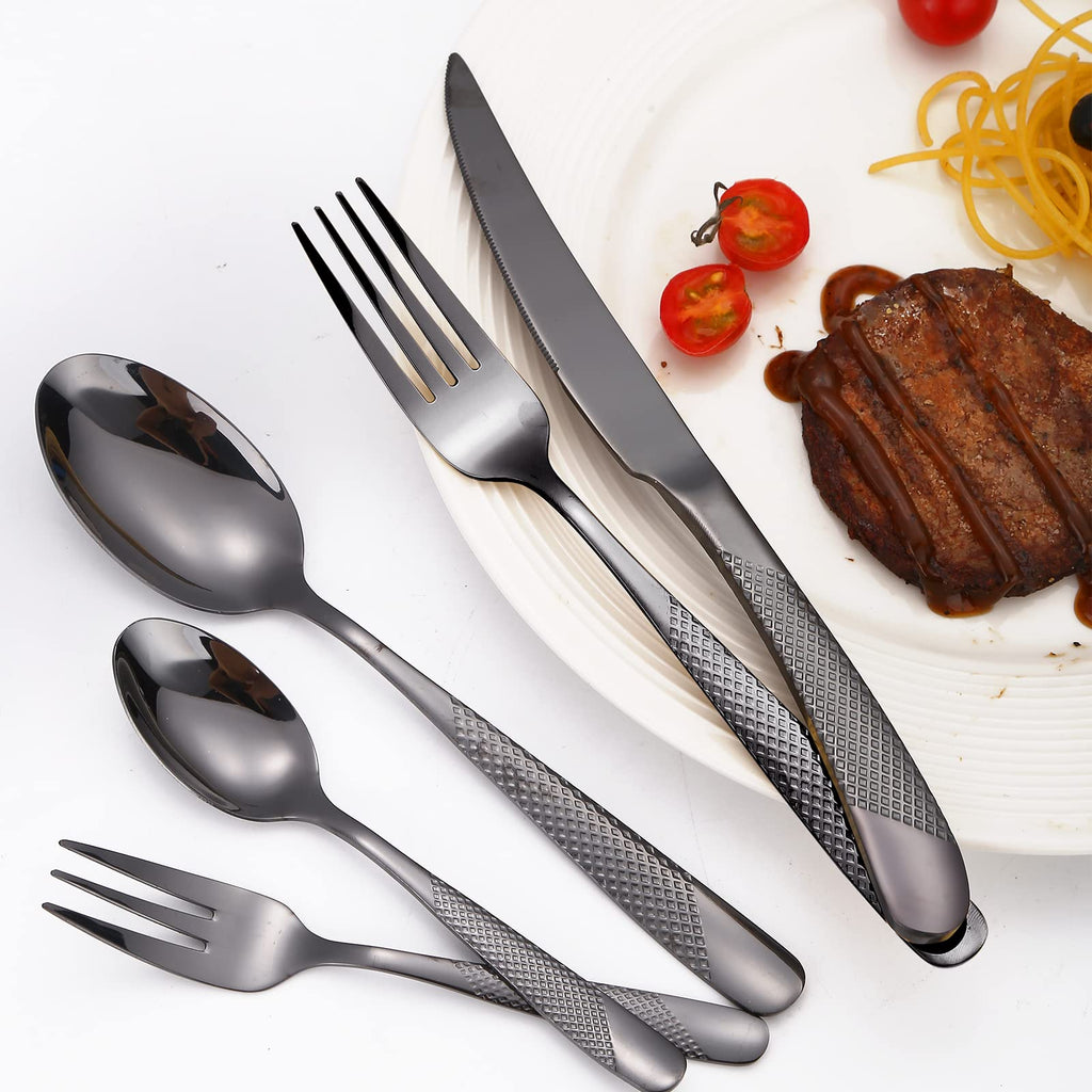 A·HOUSEWARE Black Silverware Hammered Flatware Kichen Stainless Steel Cutlery Set for 4 include Metallic Forks Knives
