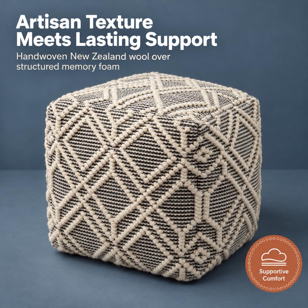 Pouf Ottoman Handwoven Wool Cotton Square Boho Floor Footstool 16x16x16