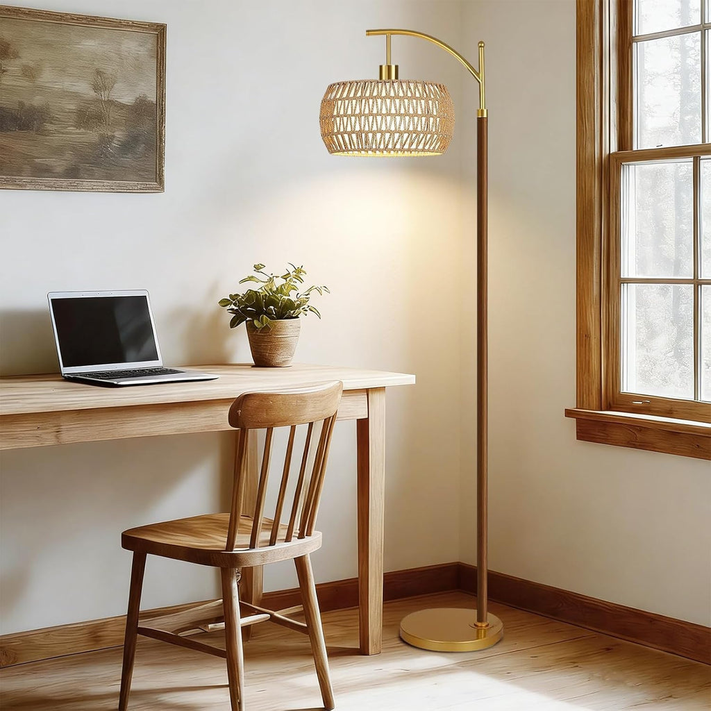 Wood Floor Lamps Arc Boho Floor Lamp with Remote Control & 3 Color Temperatures, Vintage Wicker Rattan Standing Lamp